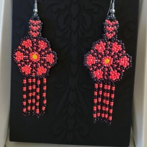Elegant Red and Black Beaded Flower Fringe Earrings